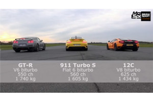 【動画】ポルシェ「911ターボS」VSマクラーレン「MP4-12C」VS日産「GT-R」　1000m加速対決