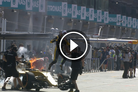 【動画】ルノーF1から突然ガソリンが噴き出し出火　マグヌッセン飛び降りる