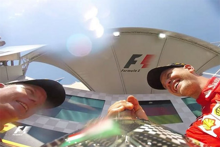 F1表彰台にシャンパンカメラが登場。シャンパンファイトを至近距離で